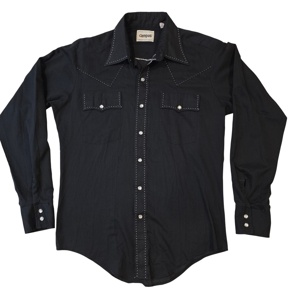 Vintage Campus Rugged Country Black Western Pearl Snap Shirt Pick Stitching M